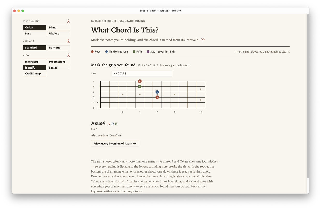 Music Prism’s Identify view naming a grip marked on a blank fretboard — x x 7 7 5 5 — as Asus4, with the alternate reading Dsus2/A.